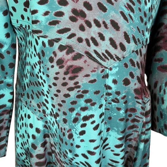 Natori Cheetah Crepe Top Stitch Dress Teal Aqua Blue 3/4 Sleeve Back Zip Size 8 - Picture 3 of 13